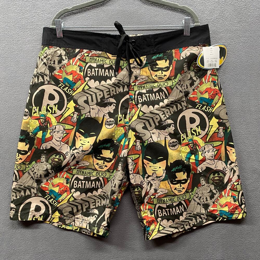 Batman DC Comics Retro Swim Trunks Mens 2XL Superman Flash Lined Pocket‎ Beach
